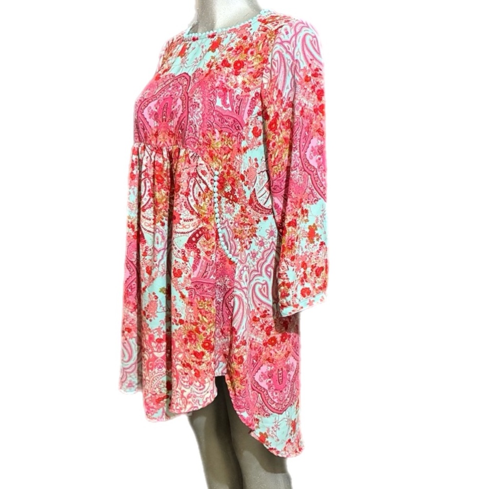Uncle Frank Tunic Dress Pink/Teal Floral Paisley Bohemian Long Sleeve Small